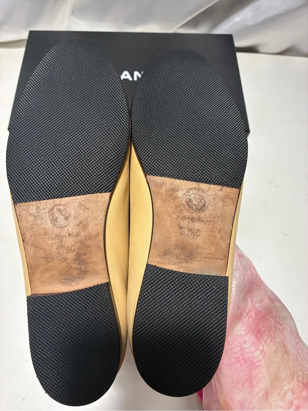 CHANEL Beige Leather Ballet Flats with Black Cap Toe